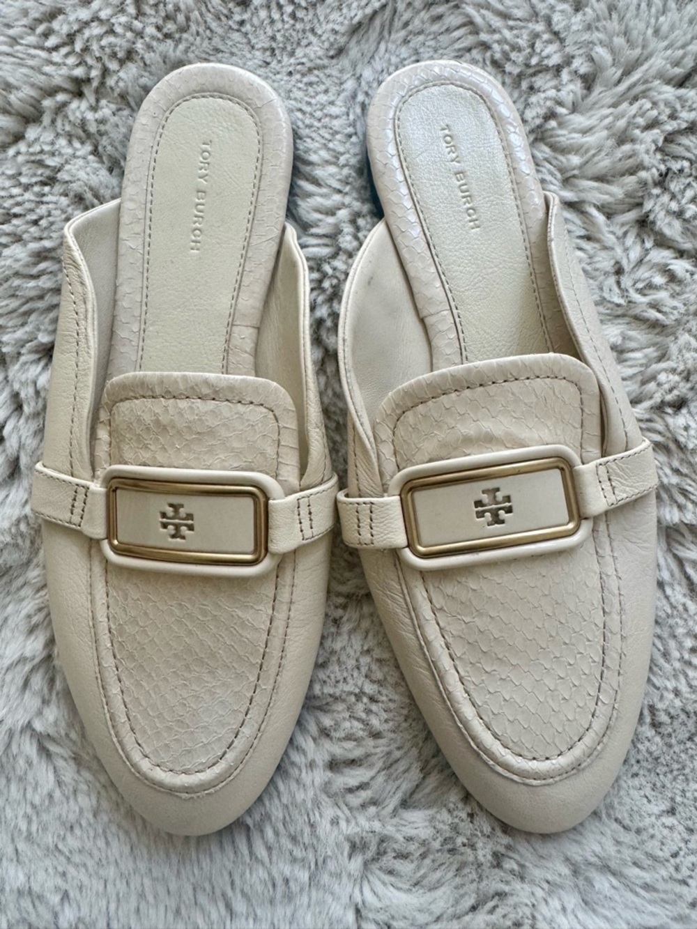 Tory Burch Cream Leather Logo Buckle Mule Loafers